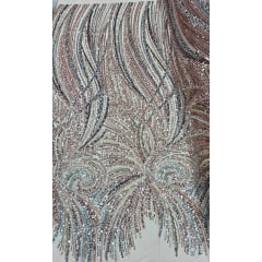 Tule Bordado com Pedrarias Premium Rosê Gold com Azul  Multicolor HT97797 