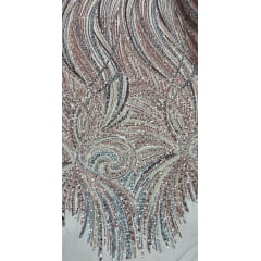 Tule Bordado com Pedrarias Premium Rosê Gold com Azul  Multicolor HT97797 