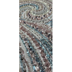 Tule Bordado com Pedrarias Premium Rosê Gold com Azul  Multicolor HT97797 