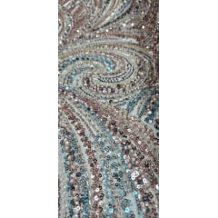 Tule Bordado com Pedrarias Premium Rosê Gold com Azul  Multicolor HT97797 