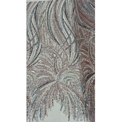 Tule Bordado com Pedrarias Premium Rosê Gold com Azul  Multicolor HT97797 