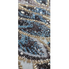 Tule Bordado com Pedrarias Premium Rosê Gold com Azul Petróleo Multicolor Modelo HT98370