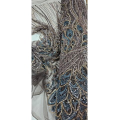 Tule Bordado com Pedrarias Premium Rosê Gold com Azul Petróleo Multicolor Modelo HT98370