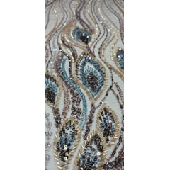 Tule Bordado com Pedrarias Premium Rosê Gold com Azul Petróleo Multicolor Modelo HT98370