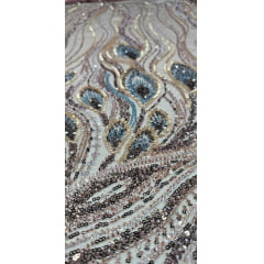 Tule Bordado com Pedrarias Premium Rosê Gold com Azul Petróleo Multicolor Modelo HT98370