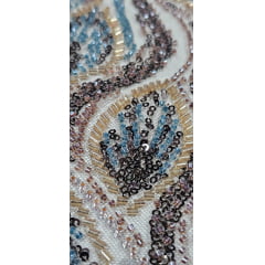 Tule Bordado com Pedrarias Premium Rosê Gold com Azul Petróleo Multicolor Modelo HT98370