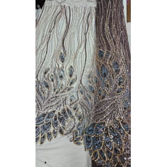 Tule Bordado com Pedrarias Premium Rosê Gold com Azul Petróleo Multicolor Modelo HT98370