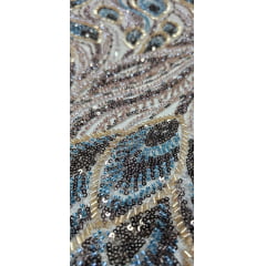 Tule Bordado com Pedrarias Premium Rosê Gold com Azul Petróleo Multicolor Modelo HT98370