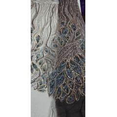 Tule Bordado com Pedrarias Premium Rosê Gold com Azul Petróleo Multicolor Modelo HT98370