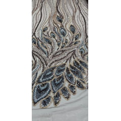 Tule Bordado com Pedrarias Premium Rosê Gold com Azul Petróleo Multicolor Modelo HT98370