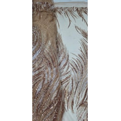 Tule Bordado com Pedrarias Premium Rosê Gold com Branco HT70575