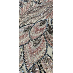 Tule Bordado com Pedrarias Premium Rosê Gold com Cinza Chumbo Multicolor Modelo HT98370 