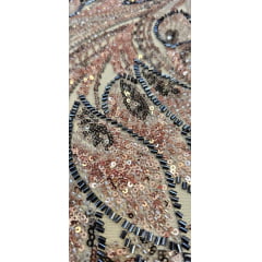Tule Bordado com Pedrarias Premium Rosê Gold com Cinza Chumbo Multicolor Modelo HT98370 