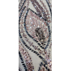 Tule Bordado com Pedrarias Premium Rosê Gold com Cinza Chumbo Multicolor Modelo HT98370 