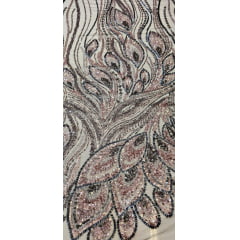 Tule Bordado com Pedrarias Premium Rosê Gold com Cinza Chumbo Multicolor Modelo HT98370 