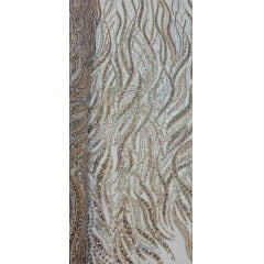 Tule Bordado com Pedrarias Premium Rosê Gold com Dourado Multicolor  HT98063 