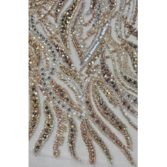 Tule Bordado com Pedrarias Premium Rosê Gold com Dourado Multicolor  HT98063 