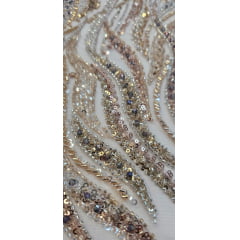 Tule Bordado com Pedrarias Premium Rosê Gold com Dourado Multicolor  HT98063 