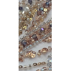 Tule Bordado com Pedrarias Premium Rosê Gold com Dourado Multicolor  HT98063 