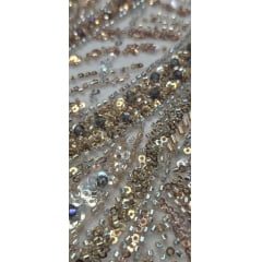 Tule Bordado com Pedrarias Premium Rosê Gold com Dourado Multicolor  HT98063 