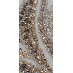 Tule Bordado com Pedrarias Premium Rosê Gold com Dourado Multicolor  HT98063 