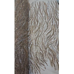 Tule Bordado com Pedrarias Premium Rosê Gold com Dourado Multicolor  HT98063 