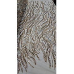 Tule Bordado com Pedrarias Premium Rosê Gold com Dourado Multicolor  HT98063 
