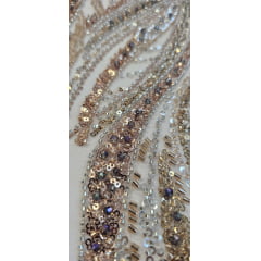 Tule Bordado com Pedrarias Premium Rosê Gold com Dourado Multicolor  HT98063 