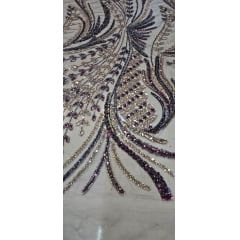 Tule Bordado com Pedrarias Premium Rosê Gold com Roxo F932