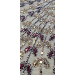 Tule Bordado com Pedrarias Premium Rosê Gold com Roxo F932
