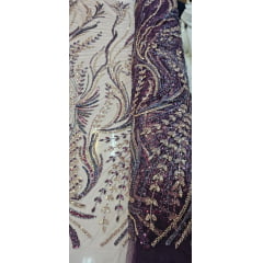 Tule Bordado com Pedrarias Premium Rosê Gold com Roxo F932