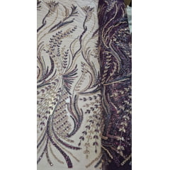 Tule Bordado com Pedrarias Premium Rosê Gold com Roxo F932