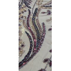 Tule Bordado com Pedrarias Premium Rosê Gold com Roxo F932