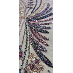 Tule Bordado com Pedrarias Premium Rosê Gold com Roxo F932