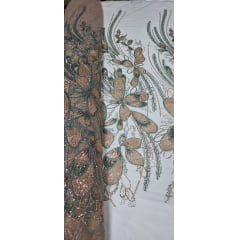 Tule Bordado com Pedrarias Premium Rosê Gold com Verde Cerâmica HT70513