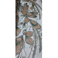 Tule Bordado com Pedrarias Premium Rosê Gold com Verde Cerâmica HT70513