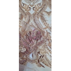Tule Bordado com Pedrarias Premium Rosê Gold Modelo HS1191 