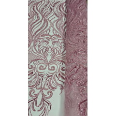 Tule Bordado com Pedrarias Premium Rosê Modelo HS1042  