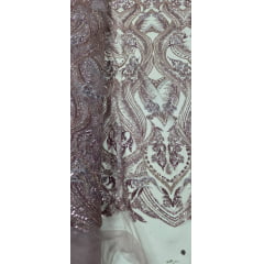 Tule Bordado com Pedrarias Premium Rosê Modelo HS1191