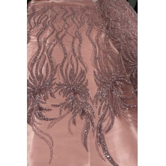 Tule Bordado com Pedrarias Premium Rosê Modelo HS3024