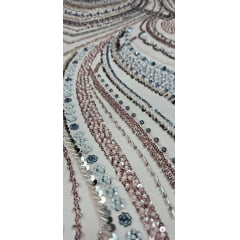 Tule Bordado com Pedrarias Premium Rosê Multicolor HT97504