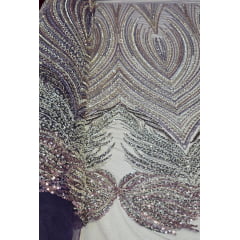 Tule Bordado com Pedrarias Premium Roxo Multicolor HT70580 