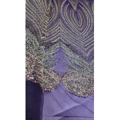 Tule Bordado com Pedrarias Premium Roxo Multicolor HT70580 