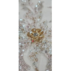 Tule Bordado com Pedrarias Premium Salmão com Rosê  Multicolor 3D  Modelo W1F2758  