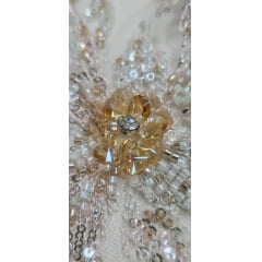 Tule Bordado com Pedrarias Premium Salmão com Rosê  Multicolor 3D  Modelo W1F2758  