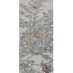 Tule Bordado com Pedrarias Premium Salmão com Rosê  Multicolor 3D  Modelo W1F2758  