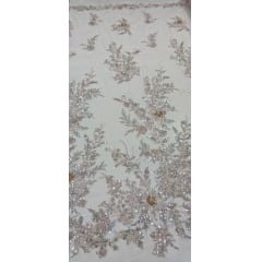Tule Bordado com Pedrarias Premium Salmão com Rosê  Multicolor 3D  Modelo W1F2758  