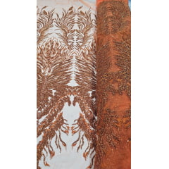 Tule Bordado com Pedrarias Premium Terracota HS1855