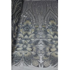 Tule Bordado com Pedrarias Premium Tons de Cinza com Champagne HT70523