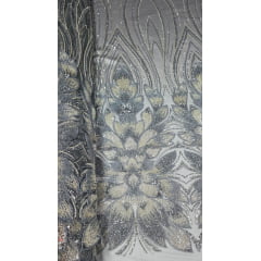 Tule Bordado com Pedrarias Premium Tons de Cinza com Champagne HT70523